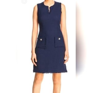 KARL LAGERFELD PARIS WOMEN'S SLEEVELESS NAVY BLUE COTTON TWEED DRESS SIZE 14